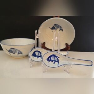Vtg Chinese Porcelain Handpainted Blue& White Koi 2 Sets 6" Bowl& Spoons